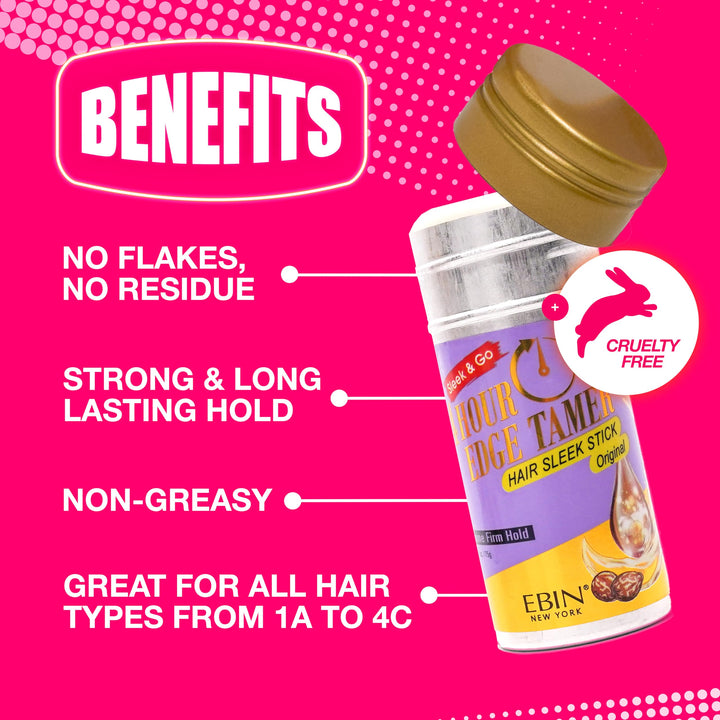 24 Hour Edge Tamer Hair Sleek Stick, Extreme Firm Hold, 2.7 oz, Strawberry – Sleek & Go, No Flaking and White Residue