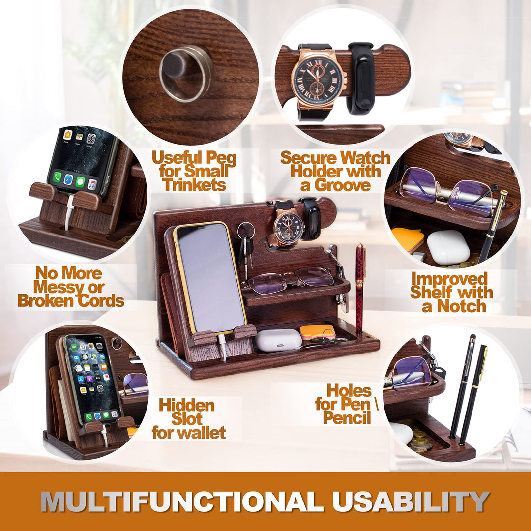 Wood Phone Docking Station for men - Desk Accessories & Workspace Organizer - Nightstand organizer - Birthday gifts for Men or Dad - Idea for Anniversary - Key Holder - Stand Watch (Brown)