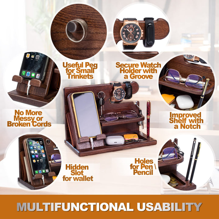 Wood Phone Docking Station for men - Desk Accessories & Workspace Organizer - Nightstand organizer - Birthday gifts for Men or Dad - Idea for Anniversary - Key Holder - Stand Watch (Brown)