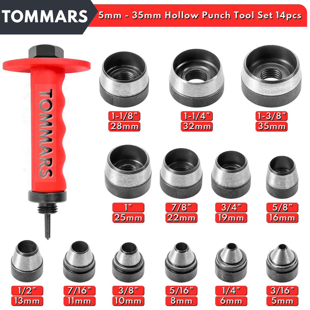 Hollow Punch Kit with Pin Point Punch Shaft Hole Punch Set Gasket Punch Set Gasket Cutter 14 PCS 5mm-35mm 3/16 to 1-3/8