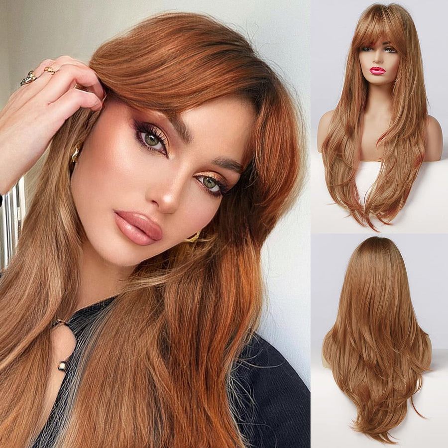 Ginger Wig with Bangs - Auburn Wigs for Women, Copper Red Long Straight Layered Hair, Light Honey Blonde Dark Roots, Natural Synthetic Heat Resistant Wigs for Halloween/Christmas/Party