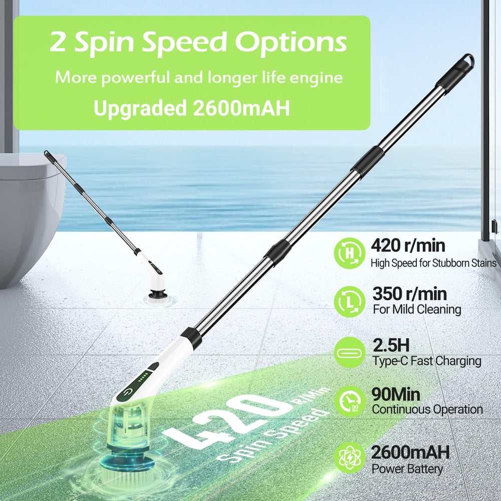 Electric Spin Scrubber, Cordless Bathroom Tub Scrubber with Long Handle & 7 Replaceable Cleaning Heads, Extension as Short Handle, Portable Power Shower Brush Household Tools for Tile Floor