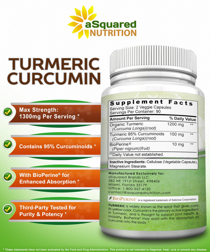 Turmeric Curcumin 1300mg with BioPerine Black Pepper Extract - 180 Capsules - with 95% Curcuminoids, 100% Natural Tumeric Root Powder Supplements, Pure & Joint Stiffness Pills