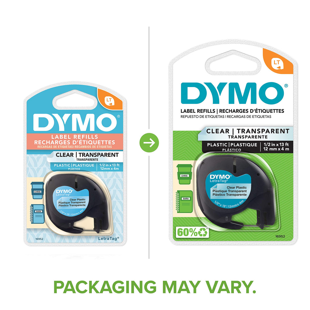 - DYM16952 Authentic LetraTag Labeling Tape for LetraTag Label Makers, Black Print on Clear pastic Tape, 1/2'' W x 13' L, 1 roll (16952)