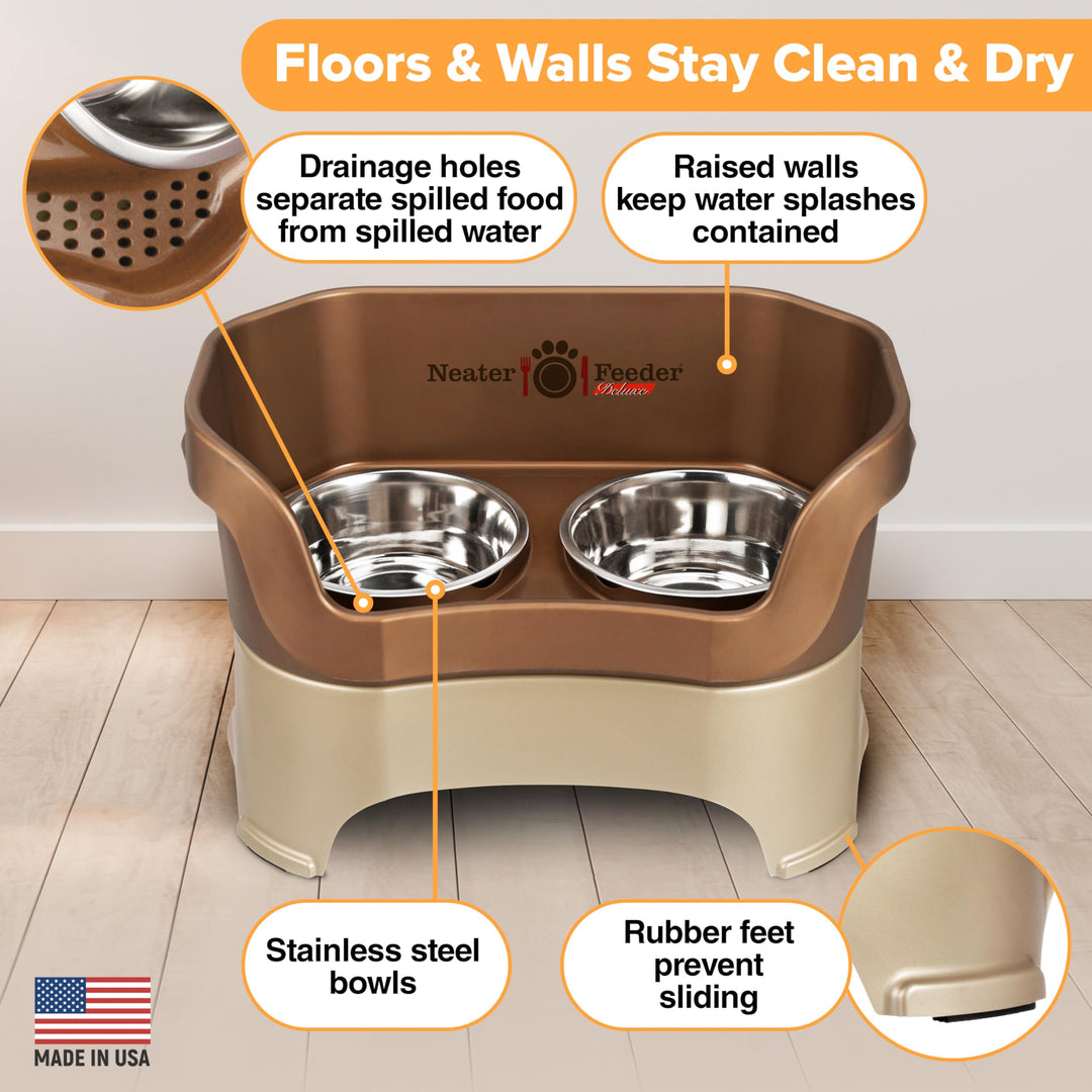 Neater Feeder Deluxe Mess Proof Dog Bowls Elevated for Large Breed – Made in USA – No Spill Raised Dog Food Bowl Stand – Stainless Steel Food and Water Bowl Set, Pet Dish Feeding Station, Bronze
