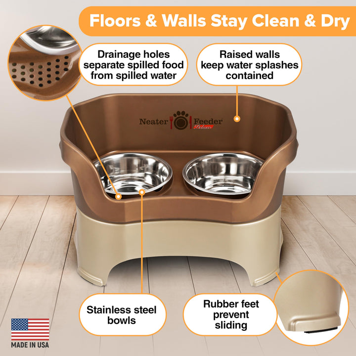 Neater Feeder Deluxe Mess Proof Dog Bowls Elevated for Large Breed – Made in USA – No Spill Raised Dog Food Bowl Stand – Stainless Steel Food and Water Bowl Set, Pet Dish Feeding Station, Bronze