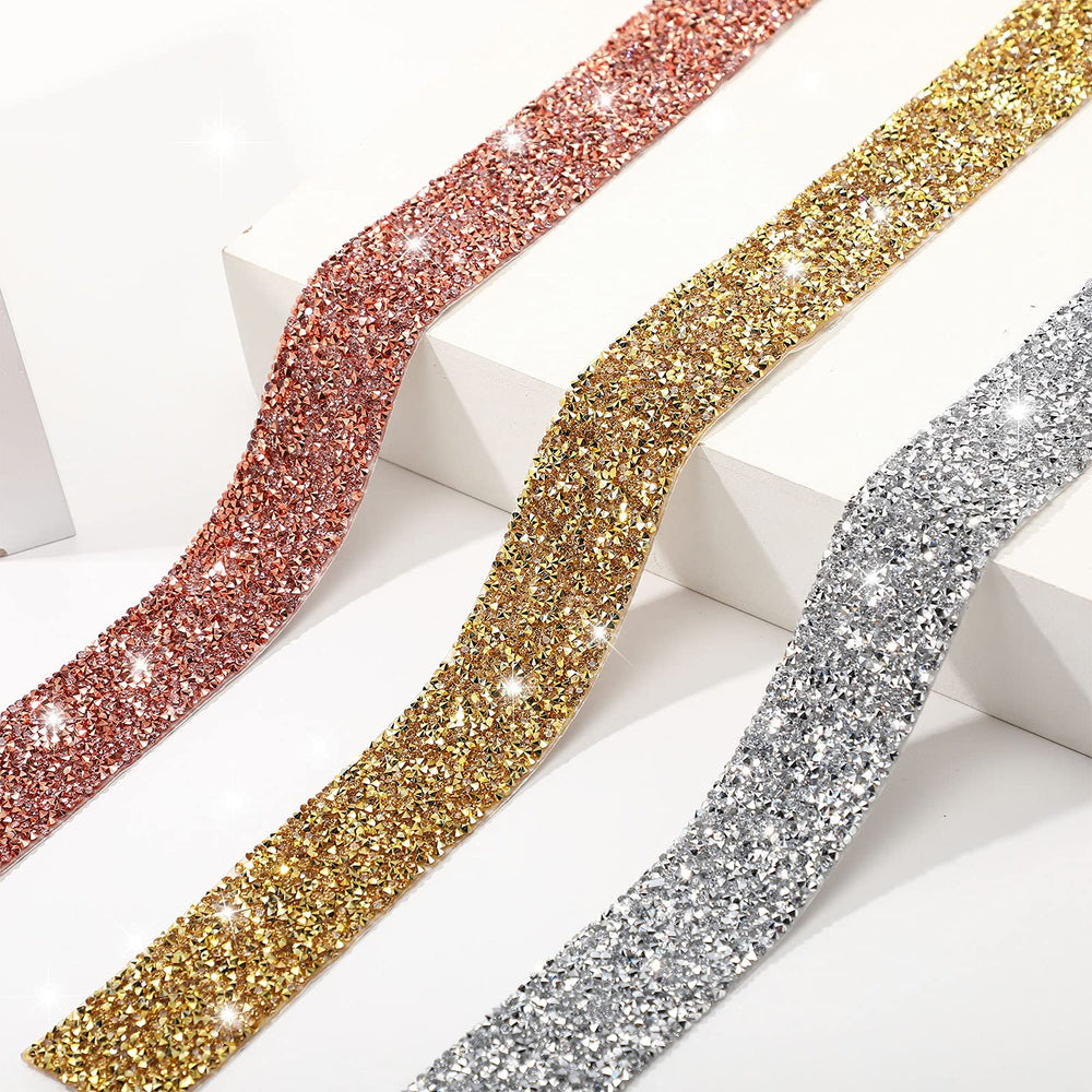 Bling Crystal Rhinestone Ribbon, DIY Self-Adhesive Rhinestone Sticker Ribbon for Wedding Cakes Birthday Crafts Decorations(Gold,1.6 Inch Wide)