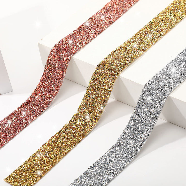 Bling Crystal Rhinestone Ribbon, DIY Self-Adhesive Rhinestone Sticker Ribbon for Wedding Cakes Birthday Crafts Decorations(Gold,1.6 Inch Wide)