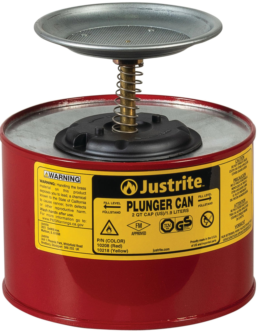 Plunger Can for Solvents, 2 Quarts Capacity, 7.4 x 7.25 Steel Push-Down Solvent Dispenser Can, Made in The USA Industrial Mechanic Tools, Red, 10208