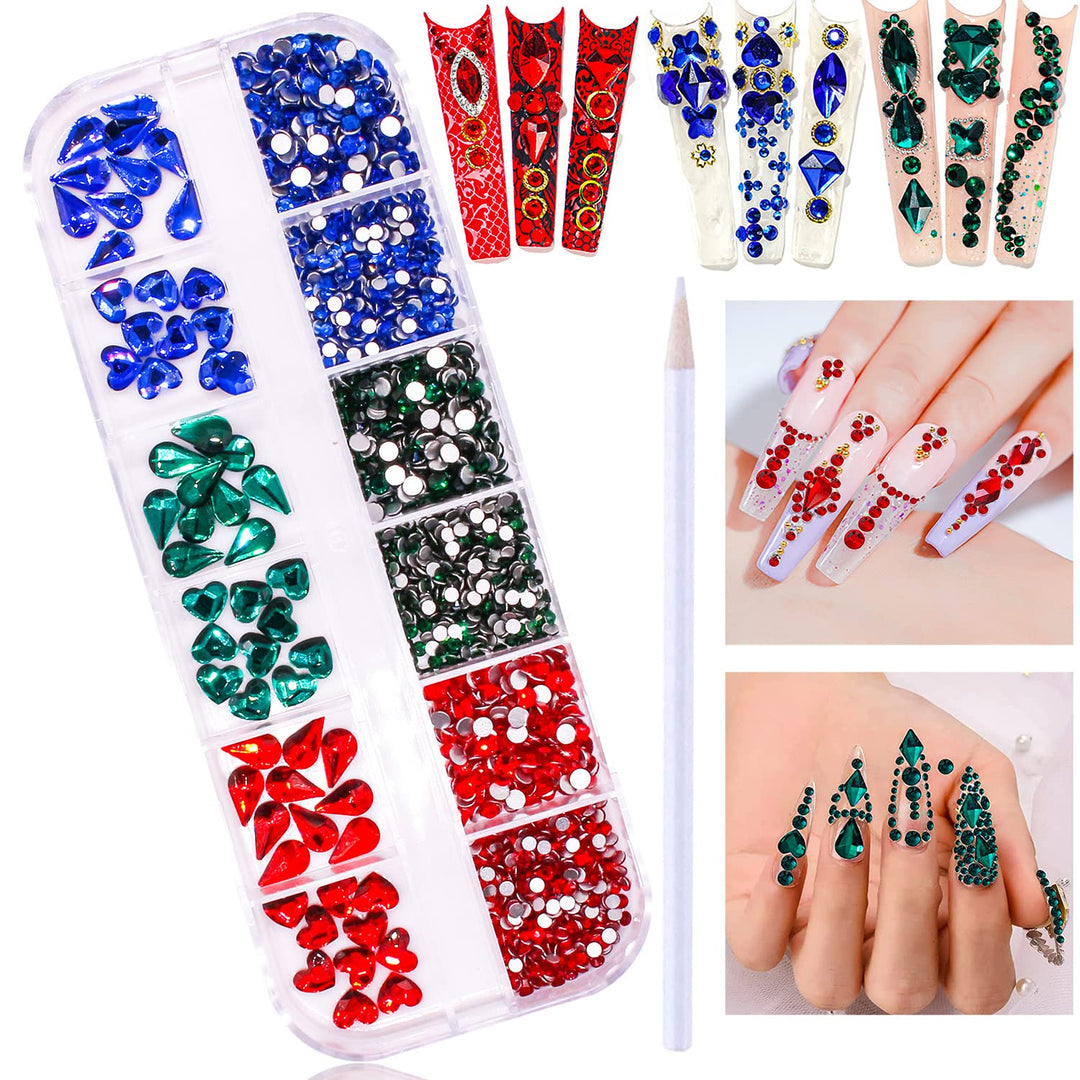 1260pcs Flat Back Green Nail Rhinestones Blue Nail Rhinestones Red Rhinestones for Nails Nail Crystals Beads Glass Gems Stones Multi Shapes Sizes Nail Rhinestones for Nail DIY Crafts Jewelry