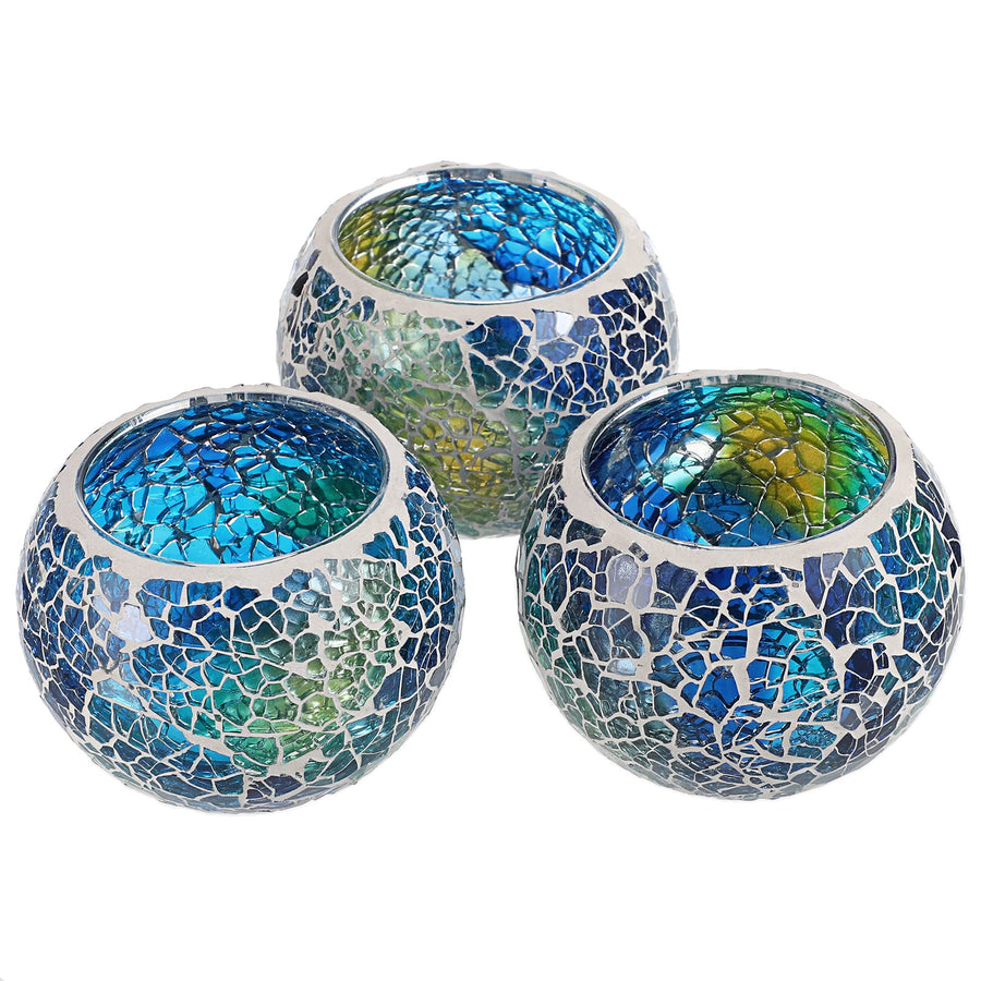 Set of 3 Blue Mosaic Glass Tea Light Holders Round Bowl Votive Candle Holders Pillar Candle Stands, Glass Mosaic Tealight Holders Potted Plant Bowl Vase Candle Centerpiece for Table Wedding
