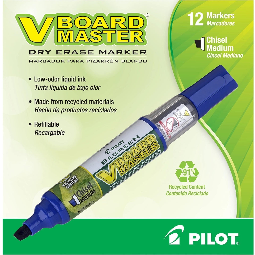 PILOT V Board Master BeGreen Refillable Dry-Erase Markers, Chisel Tip, Blue Ink, 12 Count