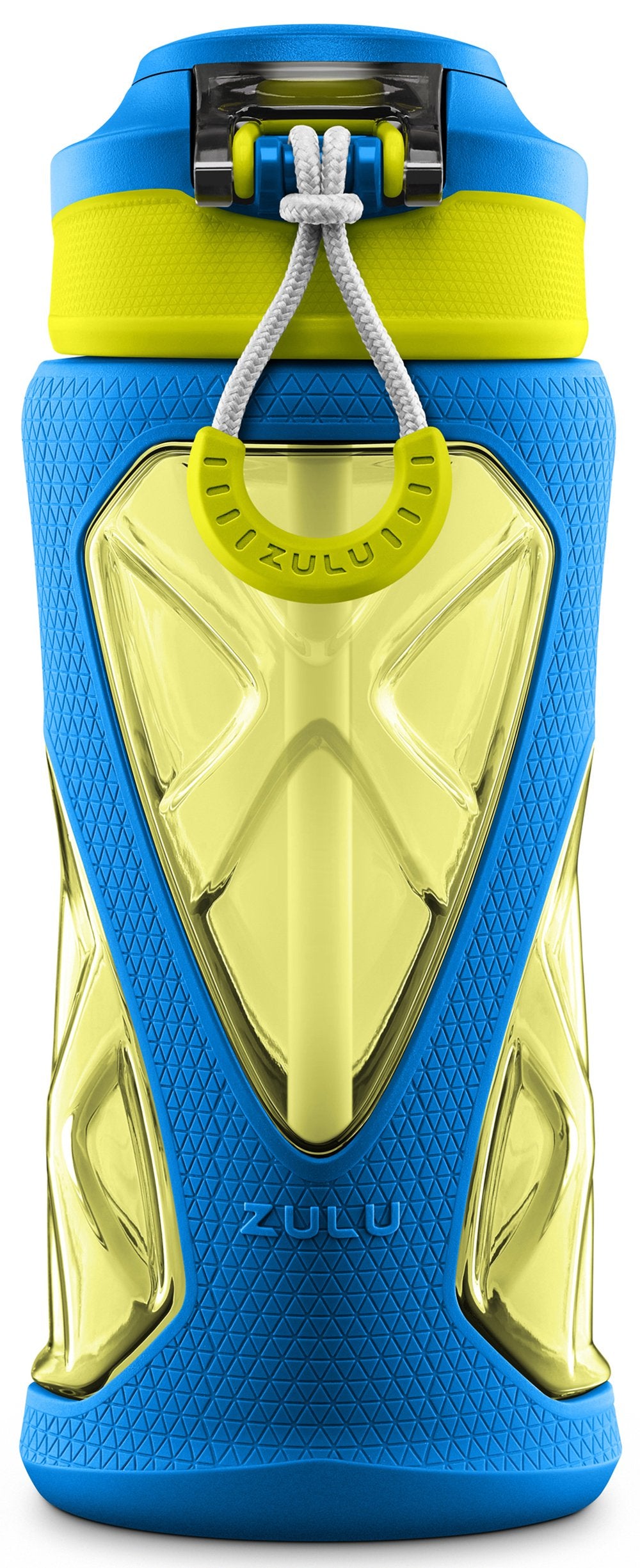 Zulu Torque 16oz Plastic Kids Water Bottle with Silicone Sleeve and Leak-Proof Locking Flip Lid and Soft Touch Carry Loop for School Backpack, Lunchbox, Outdoor Sports, BPA-Free Dishwasher Safe, Gray, Blue