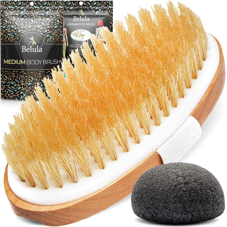 Dry Brushing Body Brush. Medium Soft Dry Brush for Cellulite and Lymphatic. for Beginners. Exfoliating Skin Brush and Free Konjac Sponge, for a Softer, Glowing Skin