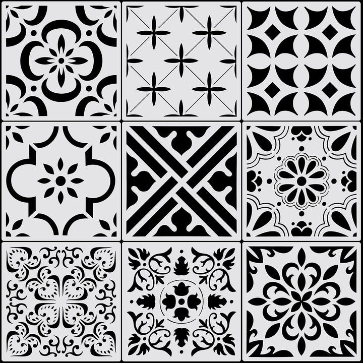 9 Pieces Floor Stencils Wall Stencils for Painting, Large Tile Stencils for Painting Walls Concrete Floor Stencils Drawing Pattern Templates Kit in 9 Styles (Simple Style,12 x 12 Inch)