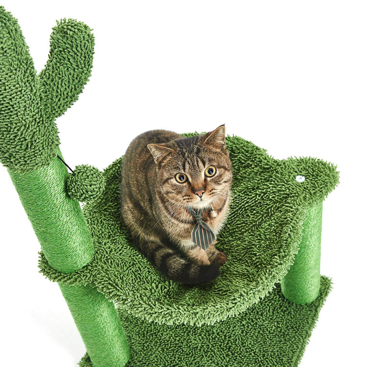 35 Inches Cactus Cat Tree with Hammock and Full Wrapped Sisal Scratching Post for Cats Green Large