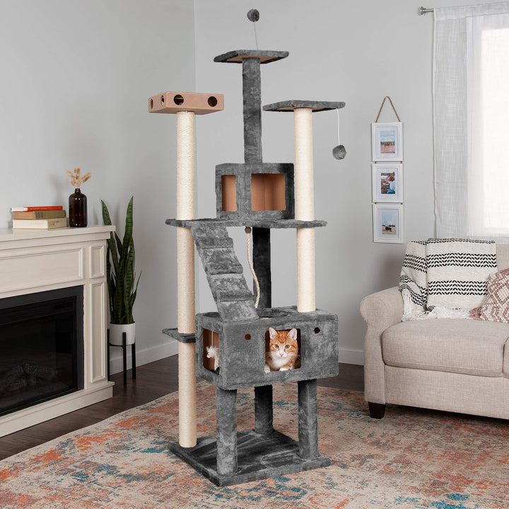 69.3 Tall Cat Tree for Indoor Cats, Ft. Sisal Scratching Posts, 2x Cat Condos, & Toys - Tiger Tough Double Decker Interactive Playground Tower - Silver Gray, One Size