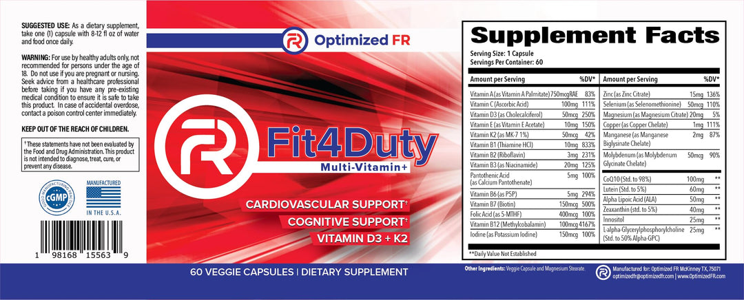 Fit4Duty Multivitamin+ for First Responders, One a Day Multivitamin Plus Other nutrients, 60 Servings, 2 Month Supply