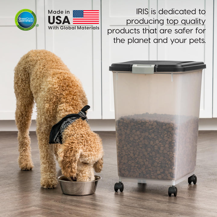 USA Airtight Dog Food Storage Container, Up to 54 lbs, Attachable Wheels, For Dog Cat Bird and Other Pet Food Storage Bin, Keep Fresh, Translucent Body, Easy Mobility, Black