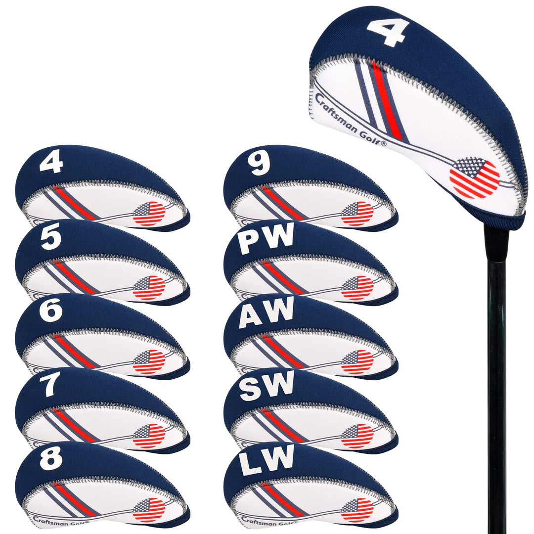 White & Blue US Flag Neoprene Golf Club Head Cover Wedge Iron Protective Headcover for Callaway, Ping, Taylormade, Cobra, Etc.