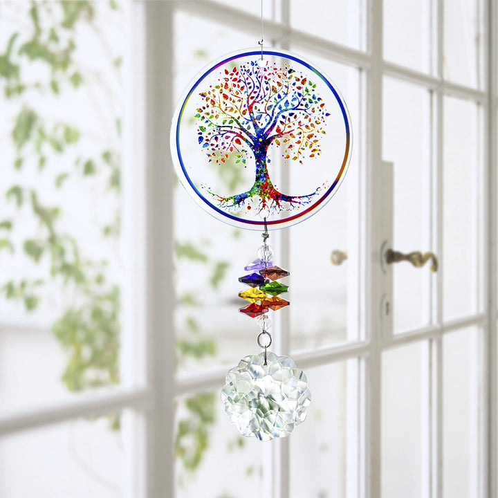 H&D HYALINE & DORA Chakra Tree of Life Suncatcher Glass Art Hanging Ornament Handmade Crystal Mandala Prism Decor Window Car Wall Art Hanging Decor for Home Office