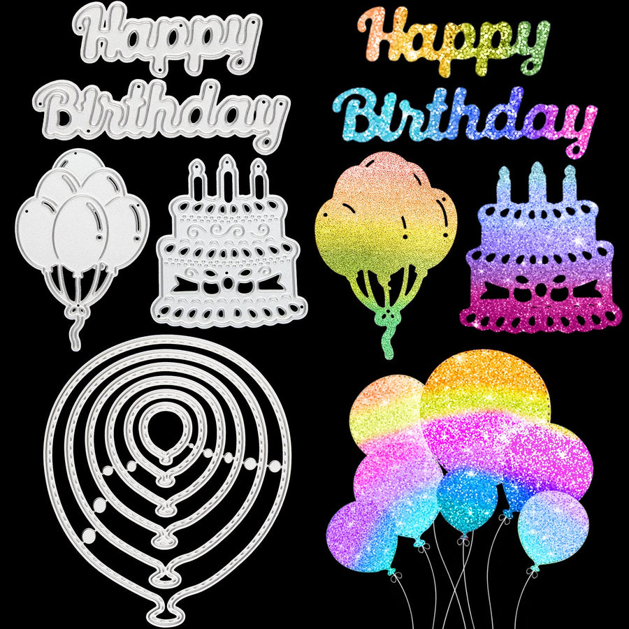 5 Pieces Die Cuts for Card Making Happy Birthday Balloons Cake Stencils Cutting Dies for Birthday Party Invitation Card Album Card Scrapbooks Embossing Paper DIY Making Crafts Tool