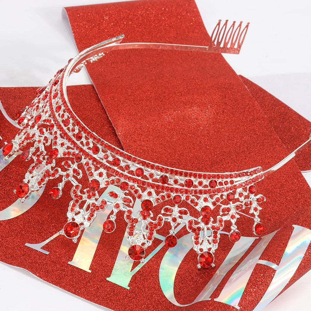 Birthday Girl Sash for Women Guardian Soldiers Birthday Crown for Women Birthday Tiara for Women Birthday Girl Headband Princess Crown Rhinestone Happy Birthday Accessories Red