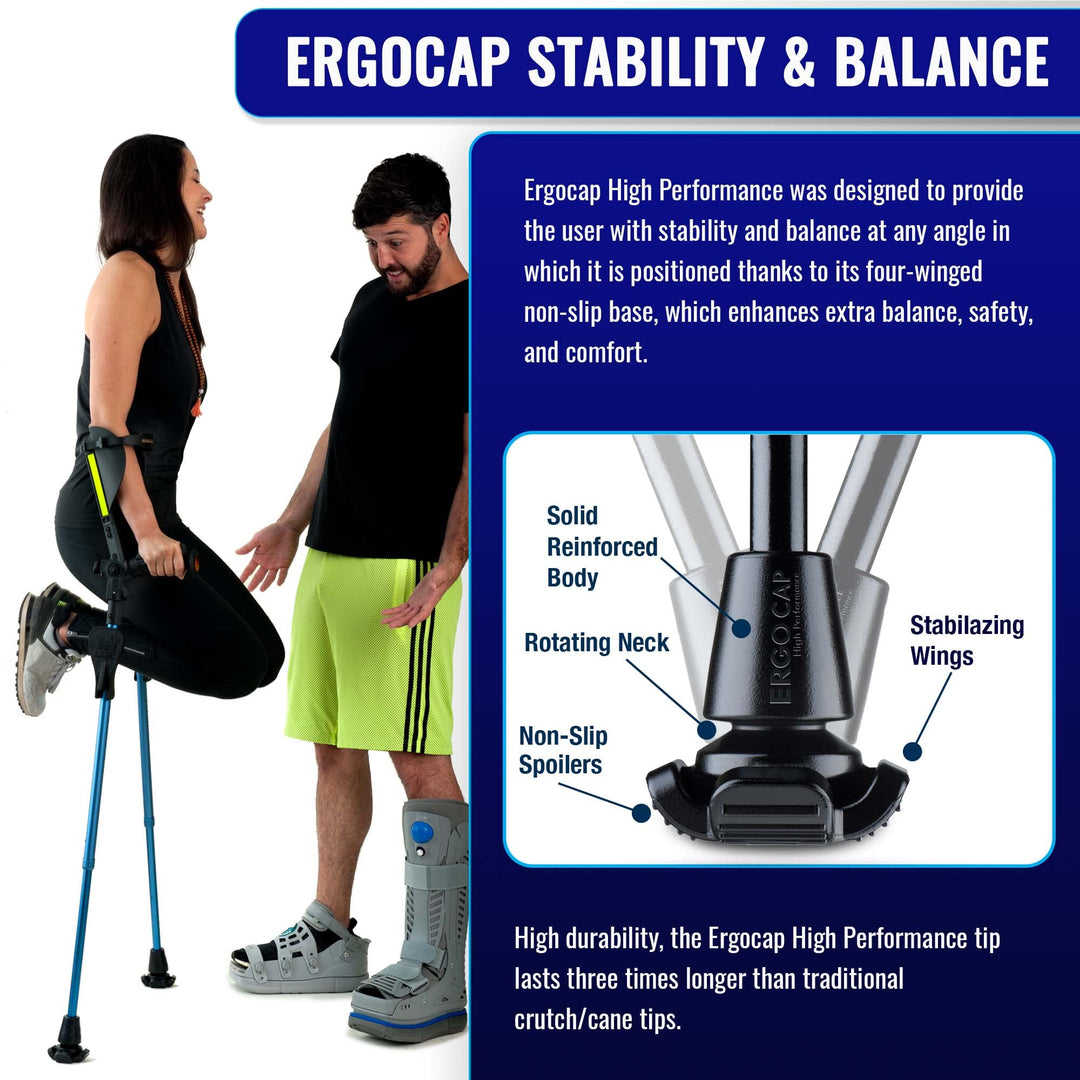 Ergocap® High Performance Crutch Rubber Tip - 3/4'' Rubber Replacement Foot for Canes/Crutches -Stable Four Point, Engineered to Mimic The Joint Articulation of The Foot/Ankle (Universal-2 Tips)