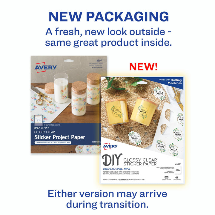 Avery Printable Sticker Paper, 8.5 x 11, Laser & Inkjet Printers, Glossy Clear, 7 Sticker Sheets (4397)