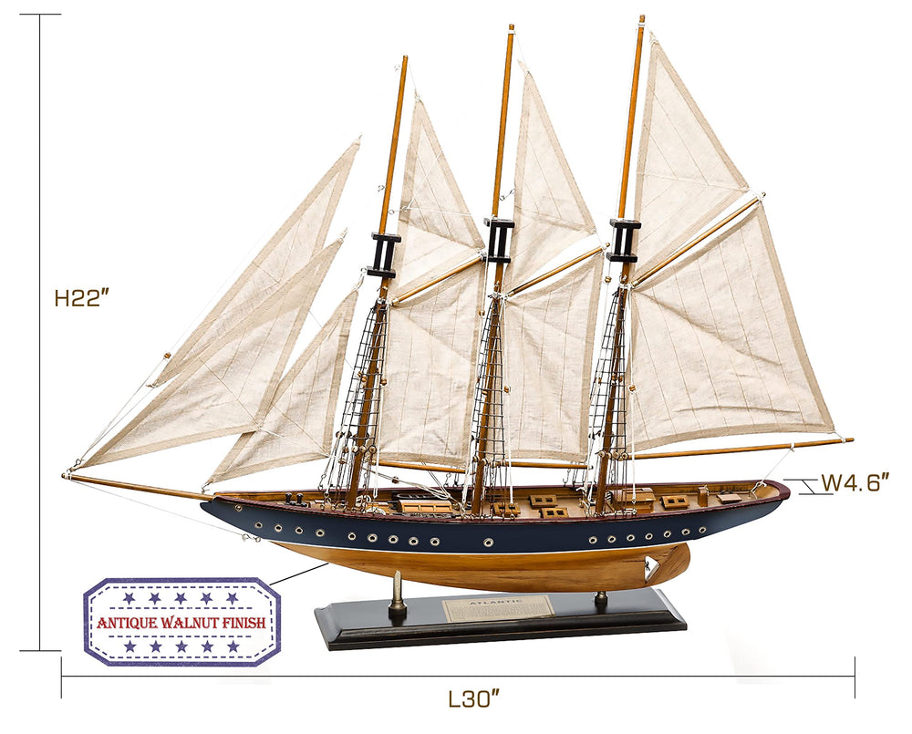 SAILINGSTORY 30 Wooden Sailboat Model Ship Sailboat Decor Schooner Atlantic 1:50 Scale Replica Navy and Walnut Antique Finish