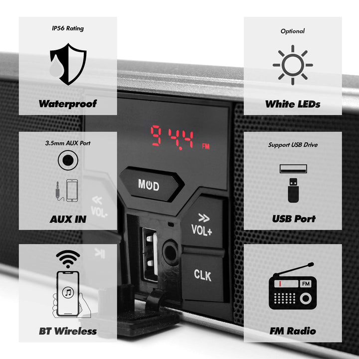 RE8 Gen.3 Waterproof Bluetooth Motorcycle Stereo Speakers LED Soundbar 7/8-1.25 in. Handlebar Mount MP3 Music Player Audio Amplifier System ATV 4 Wheelers USB AUX FM Radio