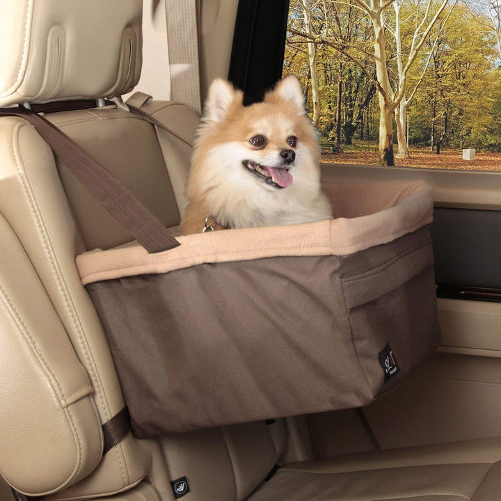Happy Ride Booster Seat - Dog Booster Seat for Cars, Trucks and SUVs - Easy to Adjust Strap - Durable Fleece Liner is Machine Washable and Easy to Clean - Medium, Brown