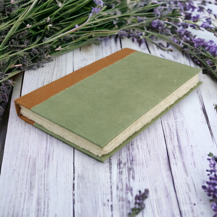 Nepali Namaste Writing & Prayer Journal with Handmade Vintage Lokta Paper & Vegetable-Dyed Hardcover, Made in the Himalayas of Nepal, 6x9 inches, Sage