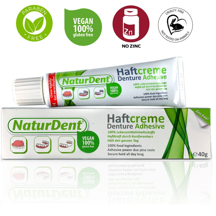 Natural Strong Denture Adhesive Holds Dentures Longer and Stronger NO Zinc NO Paraben No Yucky Taste Bundle with Dentu-Care Denture Storage Box Case and Denture Brush