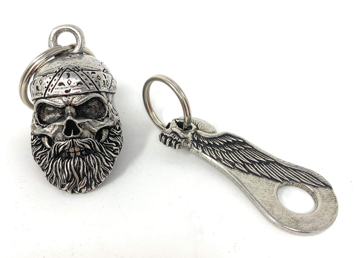 - Old School Biker Skull Bell with Skull Wing Bell Hanger - Motorcycle Biker Bell Accessory or Key Chain for Luck - Made in The USA