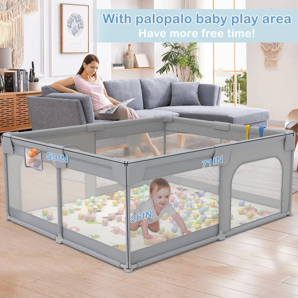 71x59 Extra Large Baby Playpen, Sturdy Safety Playard for Babies and Toddlers, Baby Activity Center with 8 Suction Cup Bases and Soft Breathable Mesh, Infants Play Pen with Gate, Gray