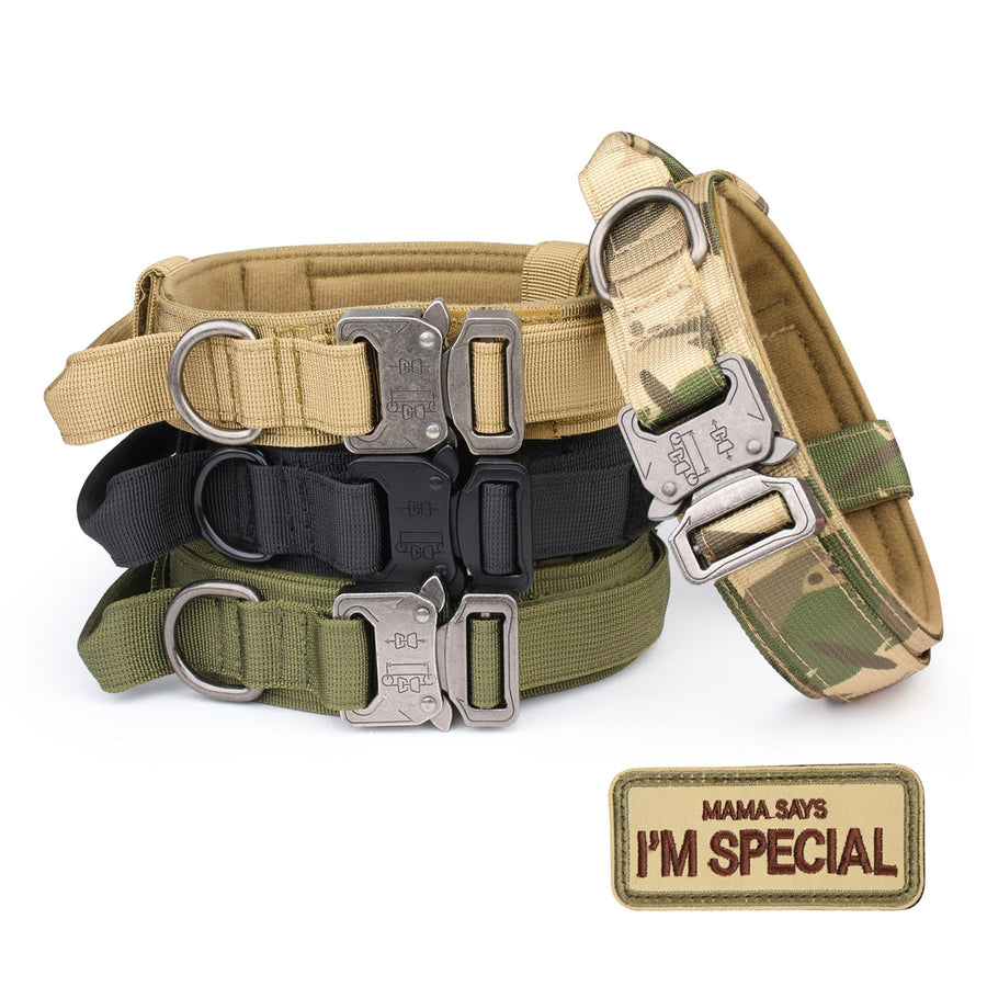 Tactical Dog Collar with Handle,Adjustable Military Dog Collar with Metal Buckle and Patches,Heavy Duty Dog Collars for Medium and Large Dogs (Militarygreen-L)