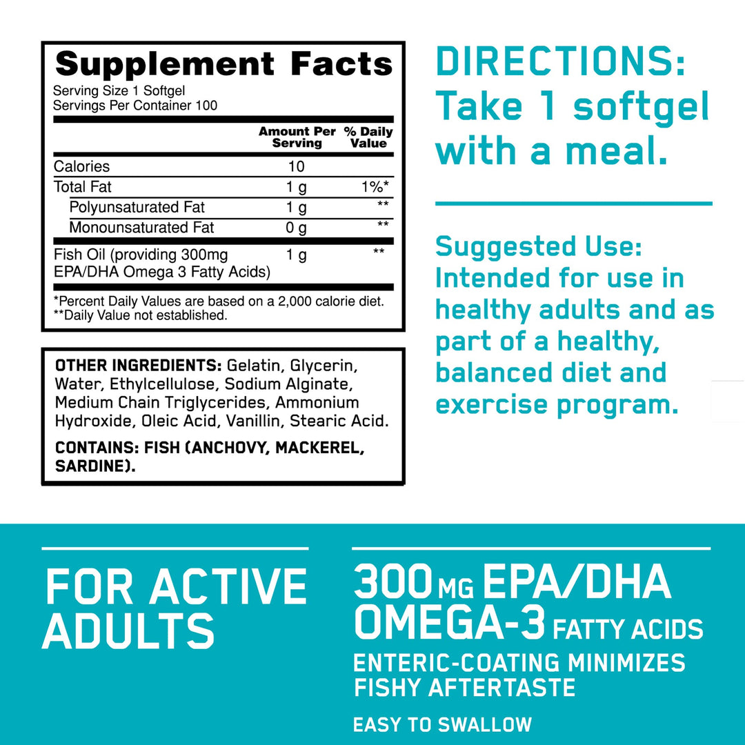 Omega 3 Fish Oil, 300MG, Brain Support Supplement, 200 Softgels (Packaging May Vary)