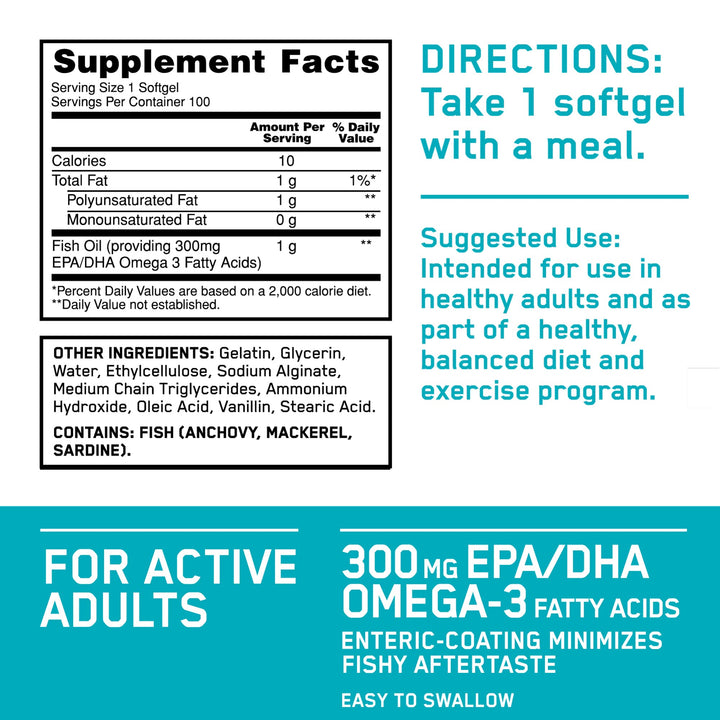 Omega 3 Fish Oil, 300MG, Brain Support Supplement, 200 Softgels (Packaging May Vary)