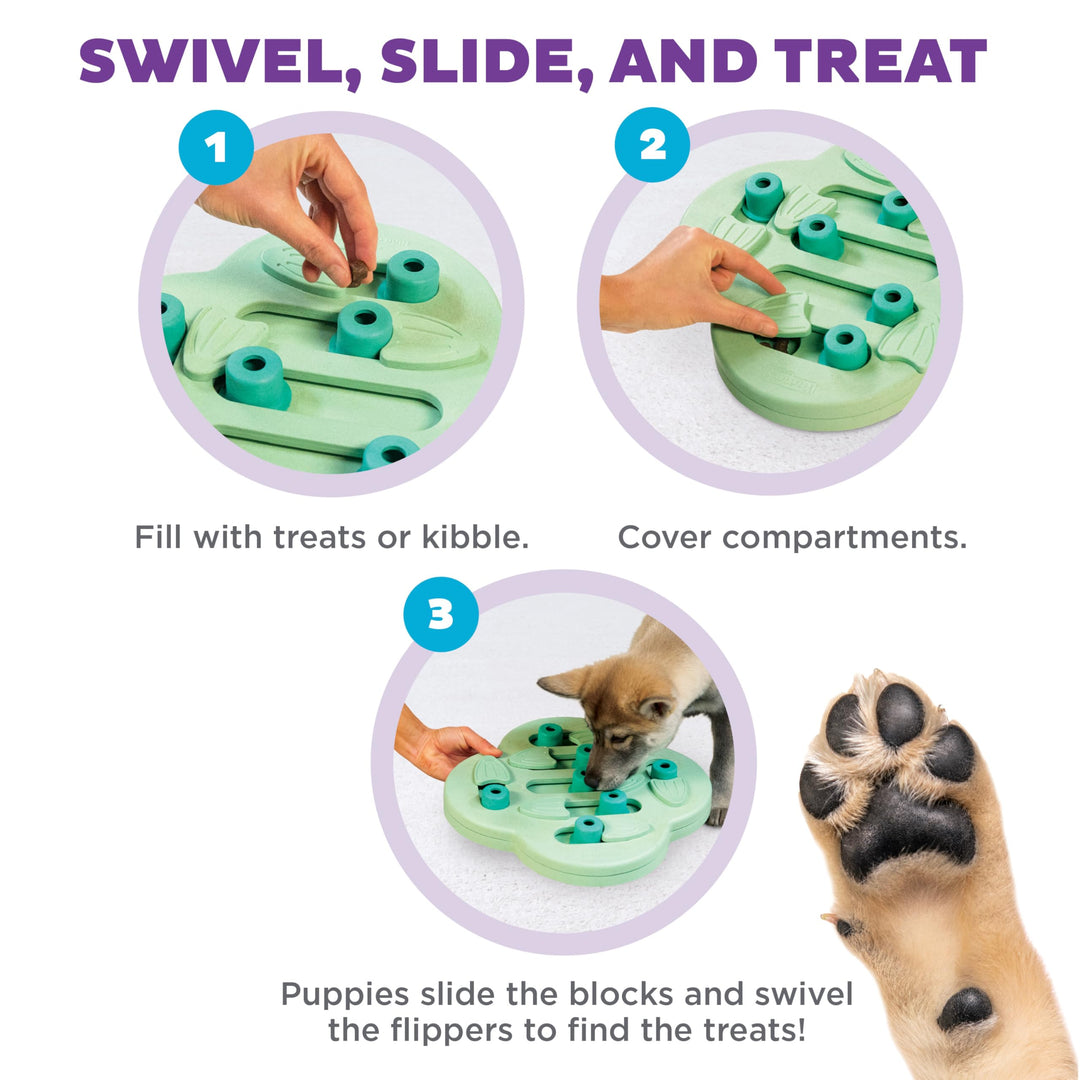 by Nina Ottosson Puppy Hide N' Slide Treat Puzzle Enrichment Dog Toy, Green