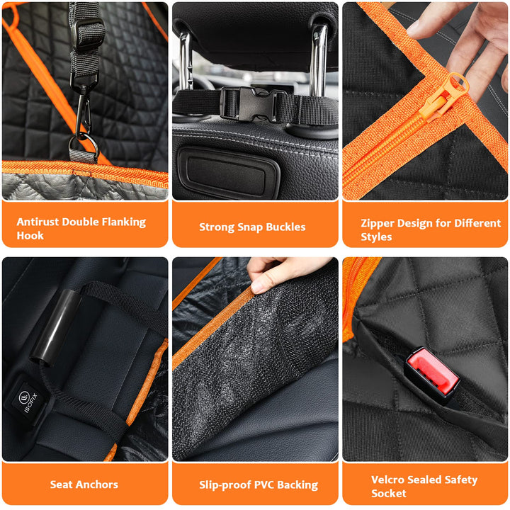 6 in 1 Convertible Dog Car Seat Cover for Back Seat 60/40 Split Dog Seat Cover 100% Waterproof Dog Hammock for Car Nonslip Pet Seat Cover with Mesh Window & Pocket for Cars Trucks and SUVs