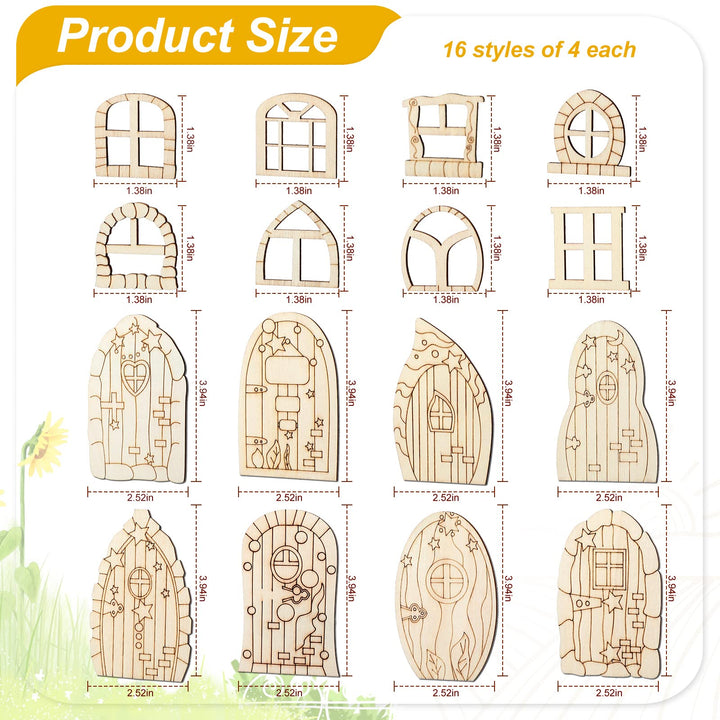 64 Pcs Fairy Door Mini Wooden Garden Doors Unfinished DIY Craft Fairy House Kit Unpainted Wood Miniature Door Blank Fairy House Doors and Windows for Home Office Wedding Party Decoration Accessories