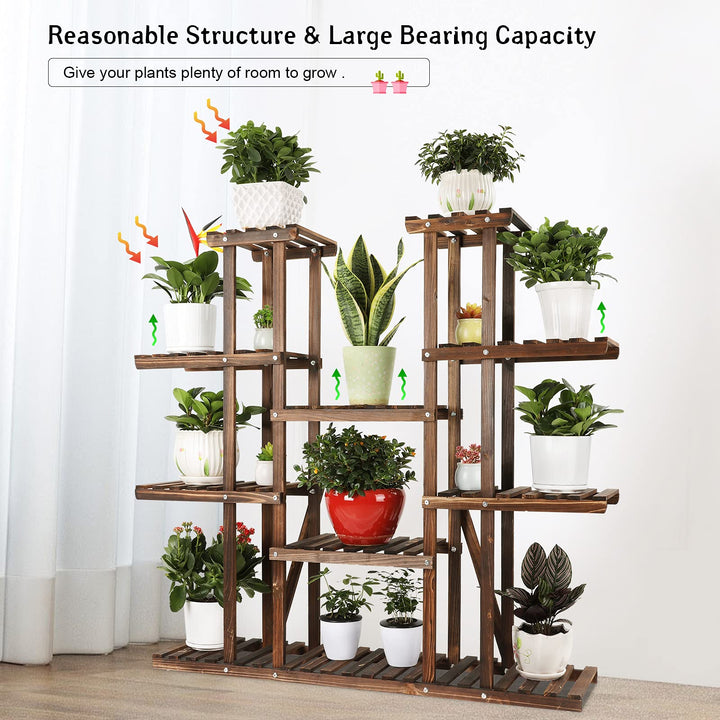 9 Tier Wood Plant Stand Carbonized Flower Rack 17 Potted Organizer Tall Plant Display Shelf for Indoor Outdoor Patio Garden Corner Balcony Living Room Kitchen