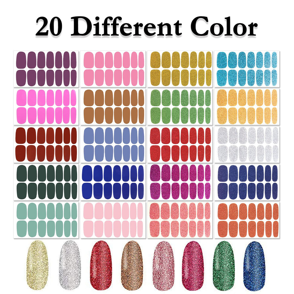 20 Sheets Glitter Solid Color Nail Polish Strips Full Nail Wraps Self Adhesive Nail Art Stickers Nail Stickers for Women Nail Art Accessories with 1pc Nail File