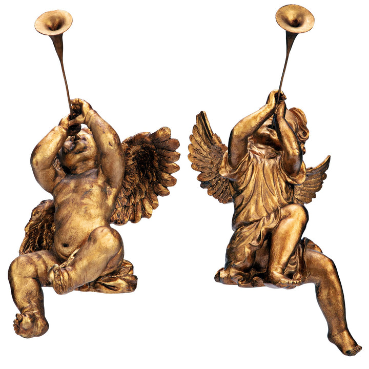 Christmas Decorations-Trumpeting Boy and Girl of St. Peters Square-Holiday Angel Statue, Set of 2, Gold, 2 Count