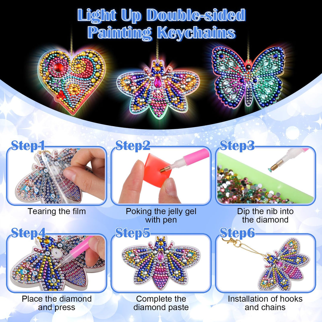 3 Pcs LED Painting Keychains Light up 5D Painting Kits for Kids Adult Double Sided DIY Diamond Art Keychains Diamond Art Pendant Craft Key Ring, Butterfly Dragonfly Love Heart