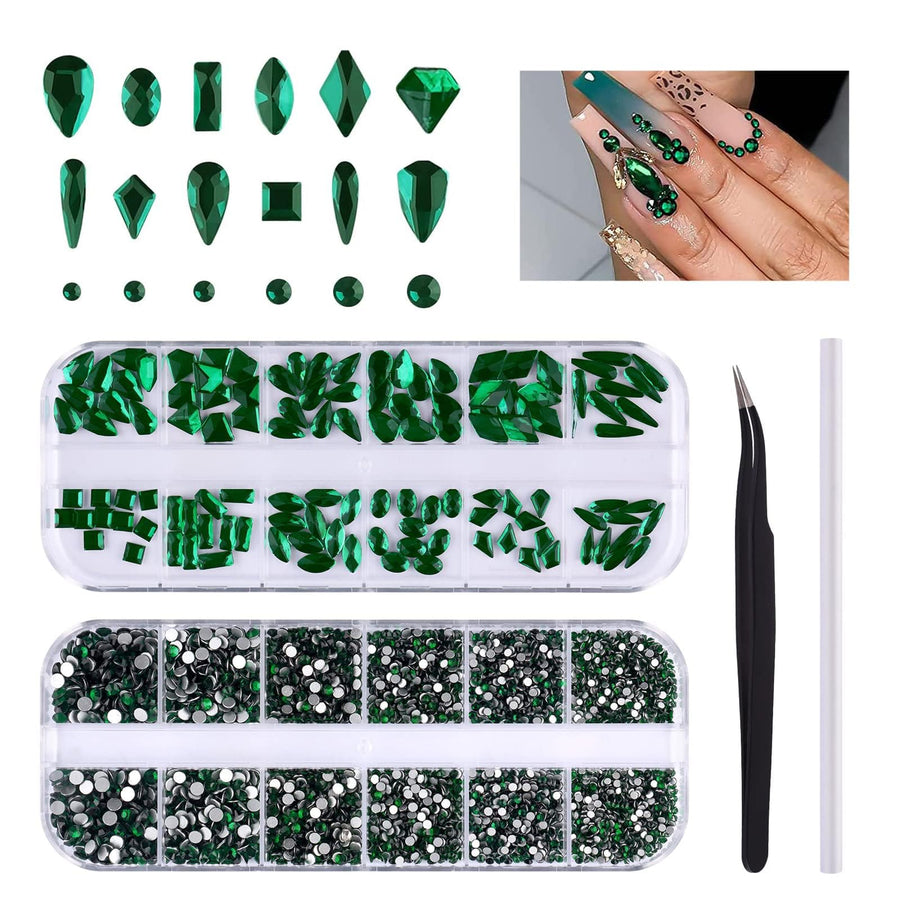 3120 Pcs Green Nail Art Rhinestone Gems Kit Nail Art Crystal Flat Back Nail Diamond Jewels with Tweezers and Drill Pen