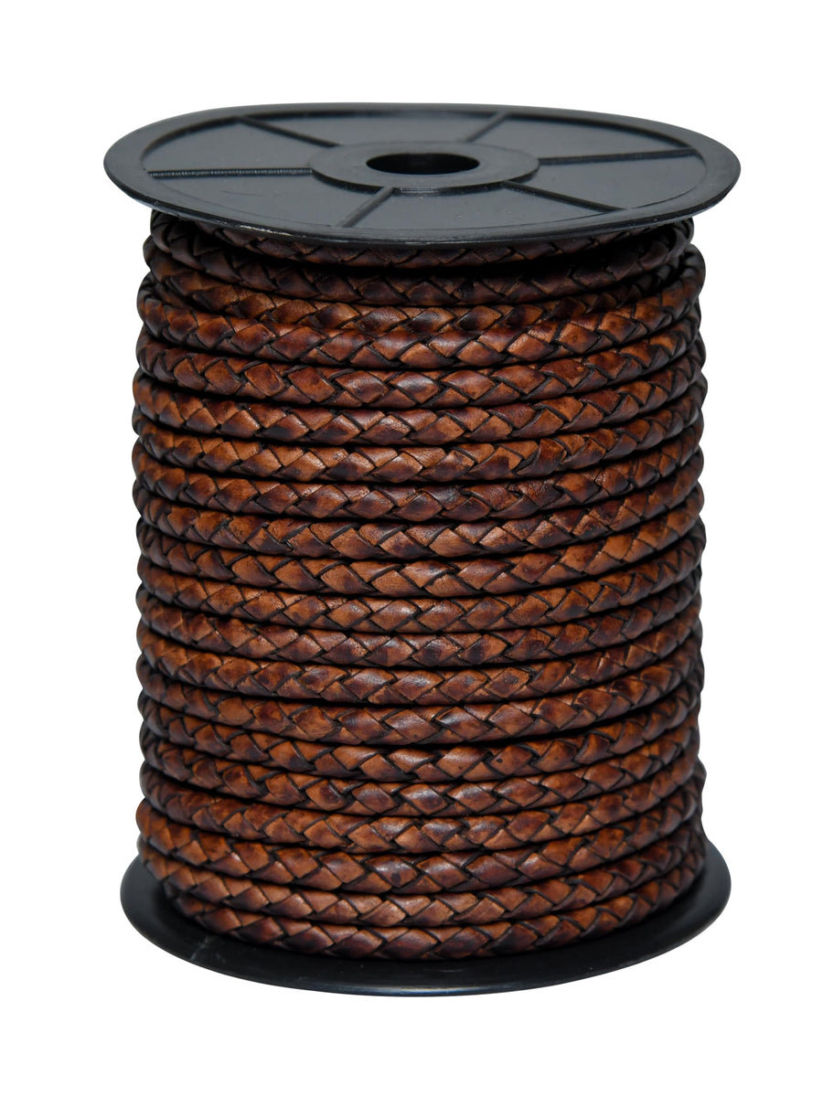 Round Braided Genuine Leather String Bolo Cord, Rope for Jewelry Making, Necklaces, Bracelets, Wraps, Crafts and Hobby Projects (Distressed Dark Brown, 5 MM 5.46 Yards = 5 MTR Spool)