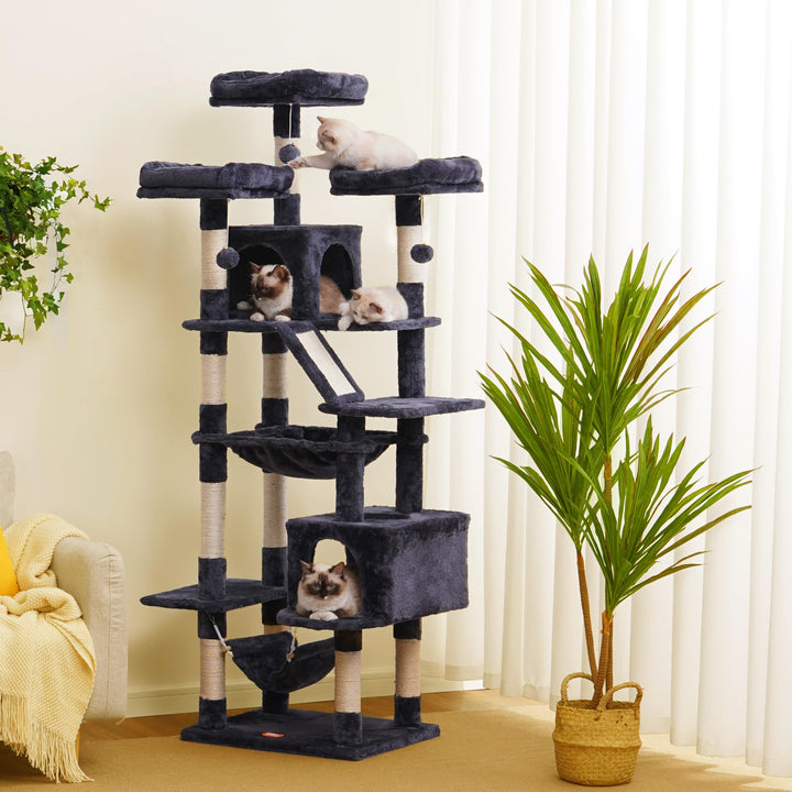 Cat Tree, 73 inches Tall Cat Tower for Large Cats 20 lbs Heavy Duty for Indoor Cats,Big Cat Furniture Condo for with Padded Plush Perch, Cozy Basket and Scratching Posts Smoky Gray HCT030G