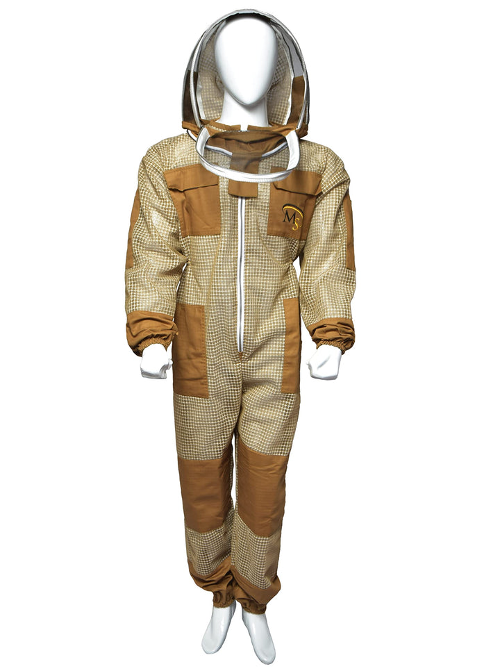 3 Layer Bee Suit Ventilated Beekeeper Suit with One Pair Gloves Beekeeping Suit with Fencing Veil (Medium, Khaki)